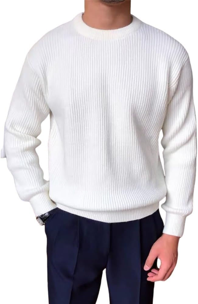 white mens textured shoulder knit sweater