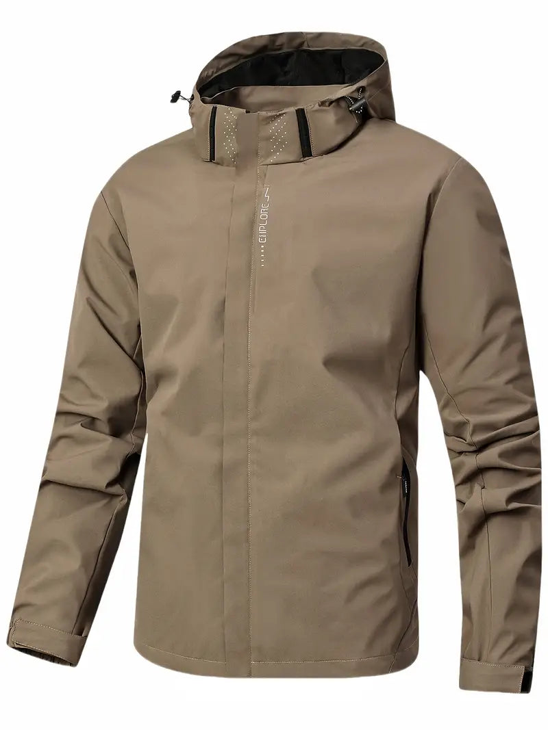 khaki men’s waterproof long-sleeve jacket