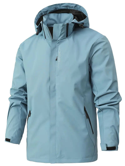 light blue men’s waterproof long-sleeve jacket