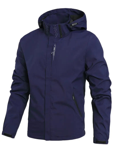 navy blue men’s waterproof long-sleeve jacket