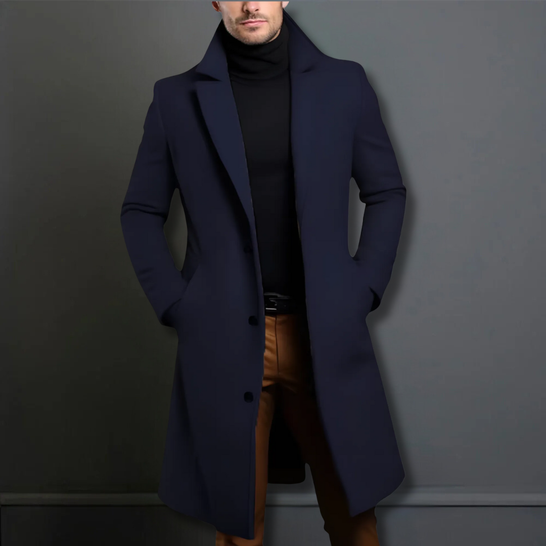 navy blue men’s wool blend overcoat