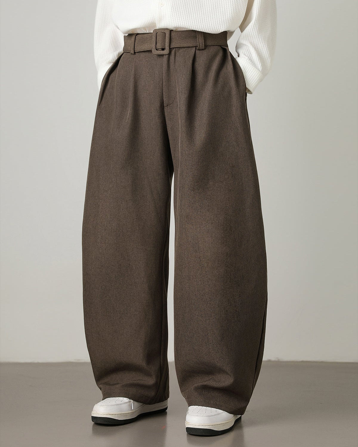 brown men’s wool blend wide-leg trousers