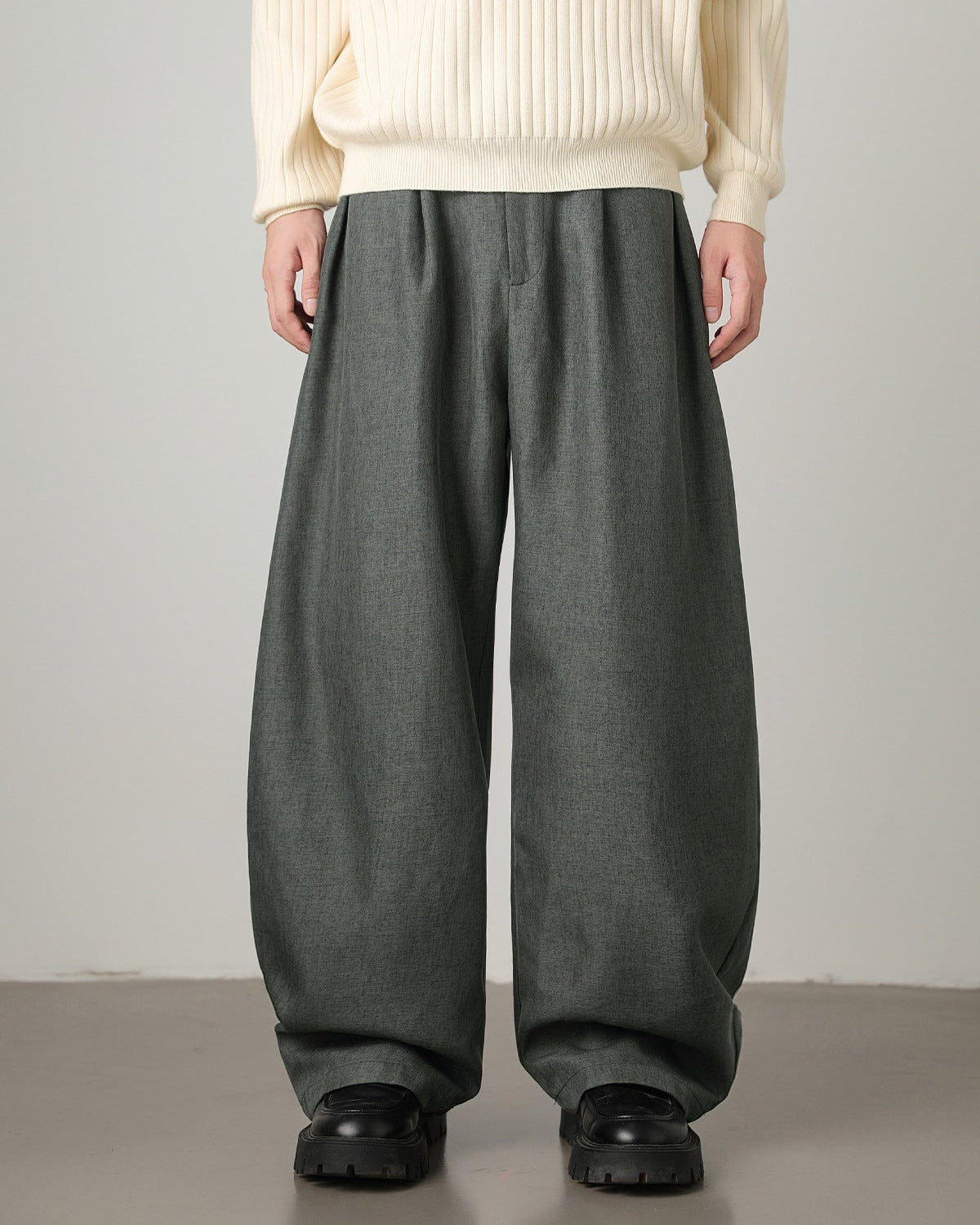 gray men’s wool blend wide-leg trousers