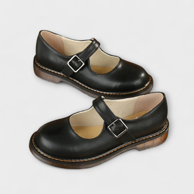 side view of black orthopedic shoes with buckle women