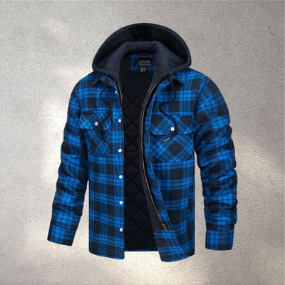 blue-black padded jacket hooded men