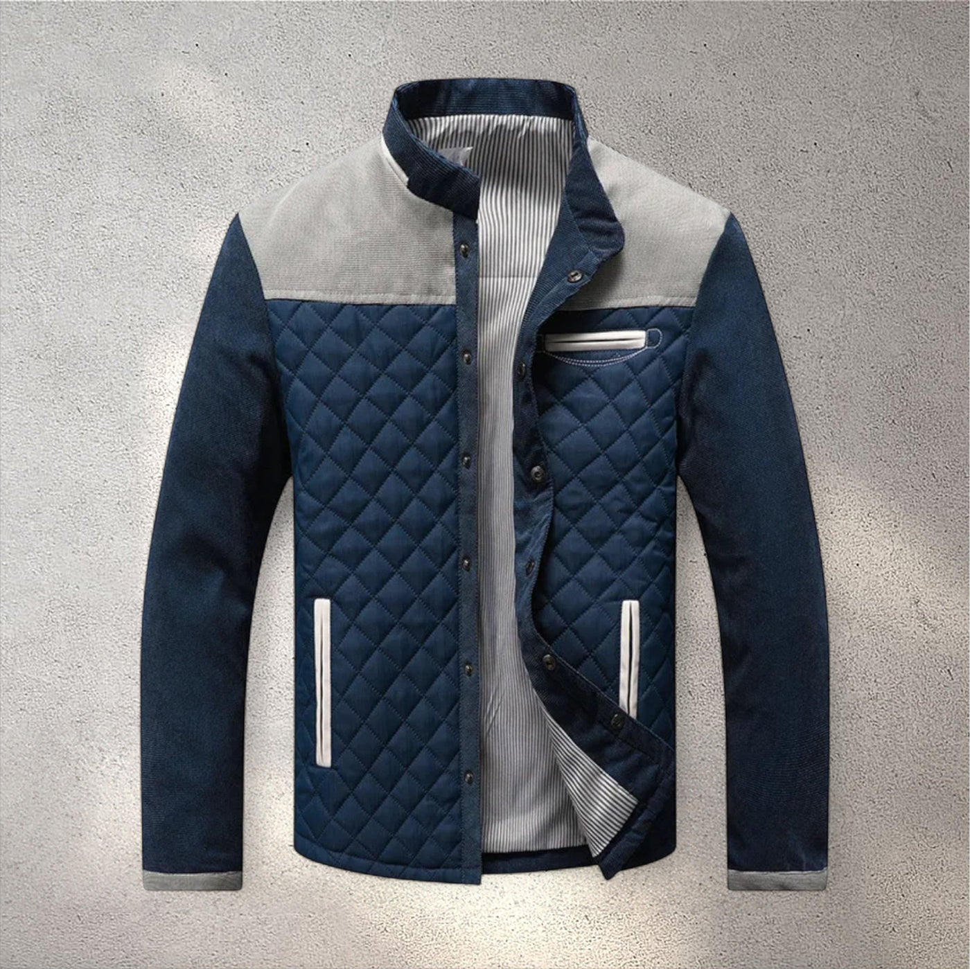 blue gray padded winter jacket men