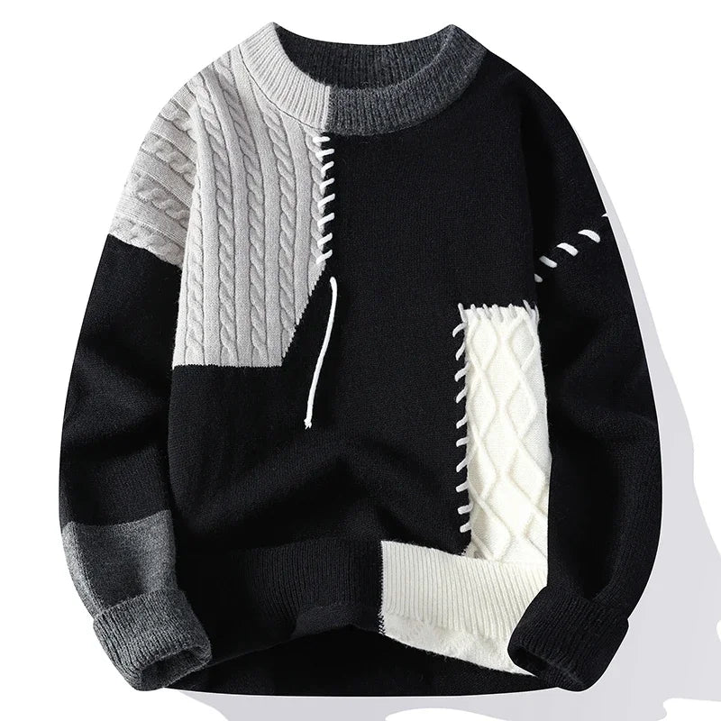black patchwork knit sweater men