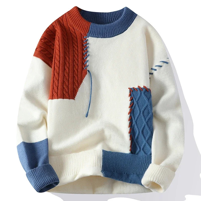red patchwork knit sweater men