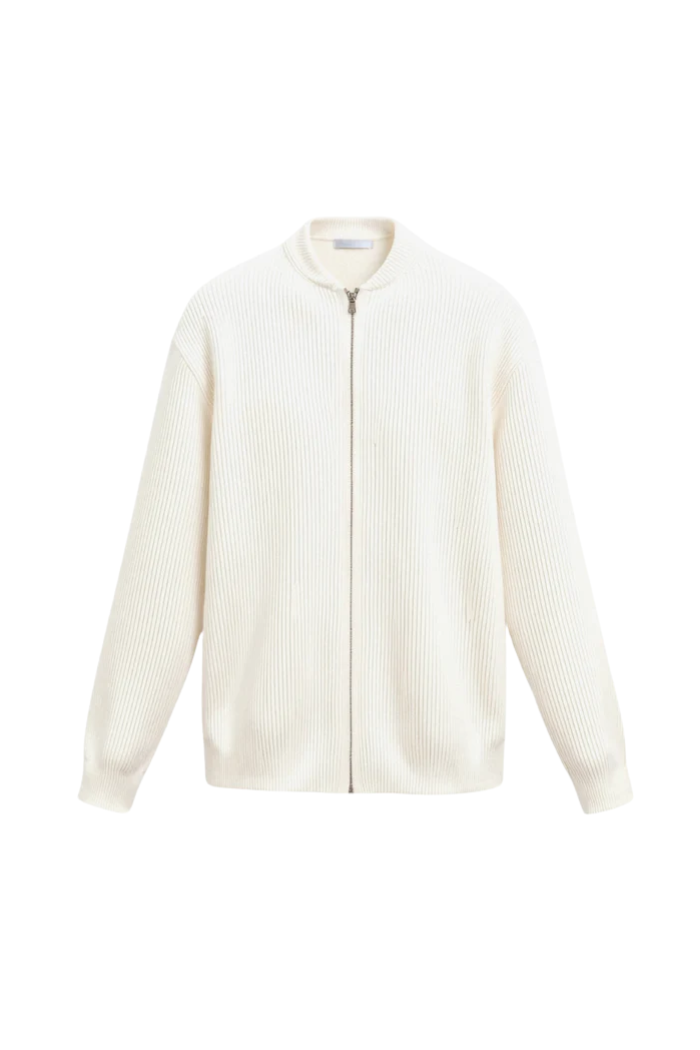 beige solid knitted crew neck cardigan