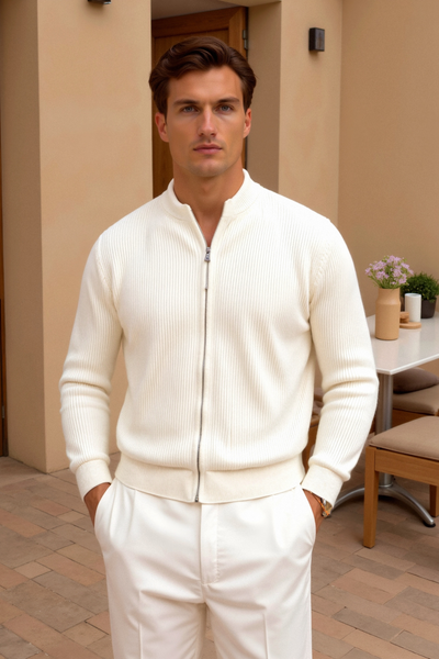 solid knitted crew neck cardigan posed with zipper closed