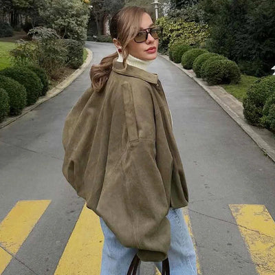 army green suede crop jacket women back view