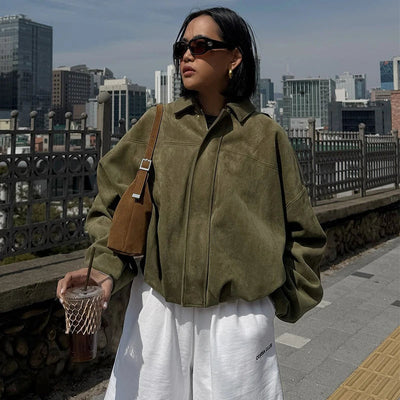 army green suede crop jacket women closed