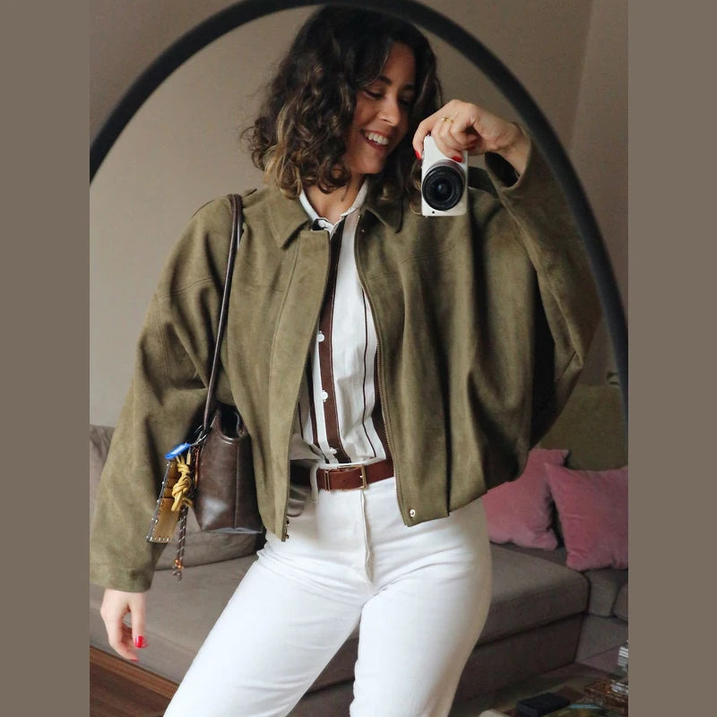 army green suede crop jacket women mirror picture