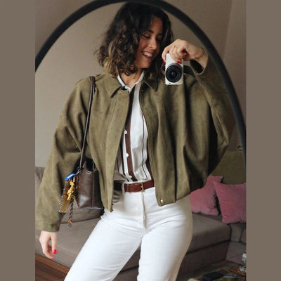 army green suede crop jacket women mirror picture