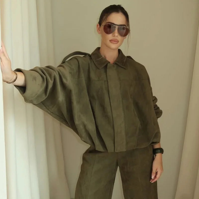 army green suede crop jacket women posed