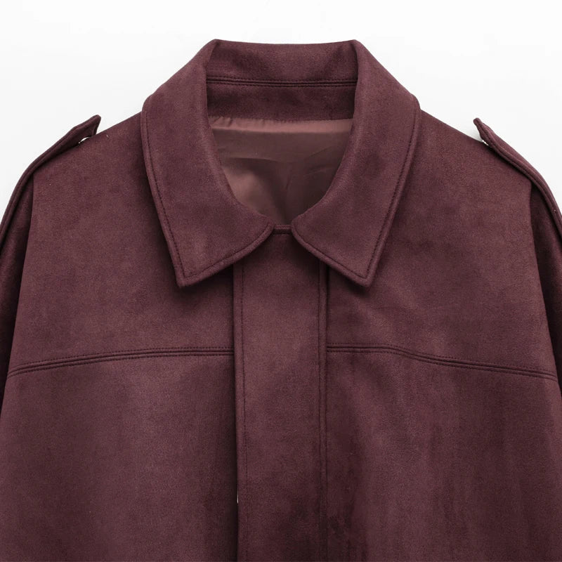 burgundy suede crop jacket women collar detail
