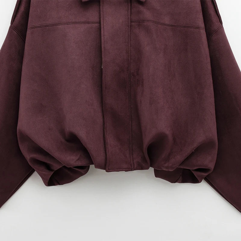 burgundy suede crop jacket women detail