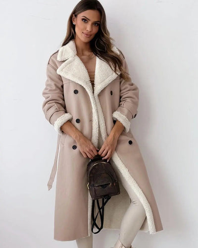 posed view of apricot teddy trench coat women