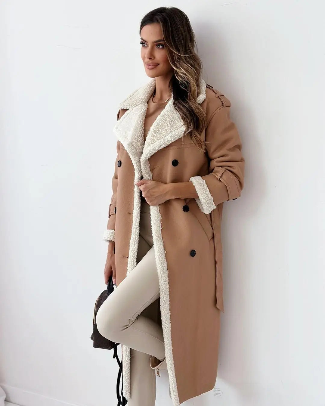 posed view of khaki teddy trench coat women