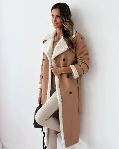 posed view of khaki teddy trench coat women