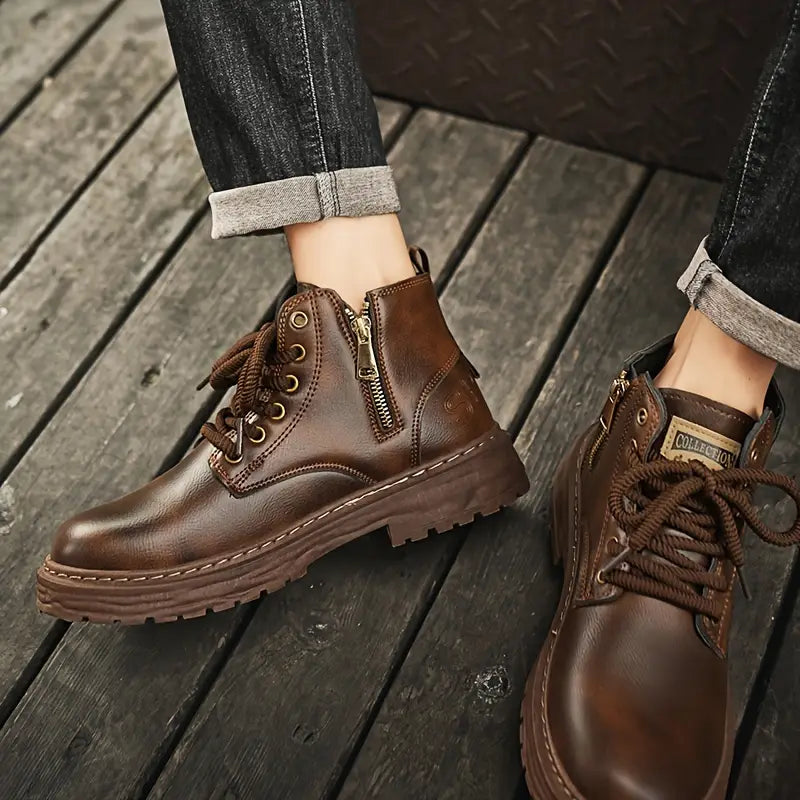 upper view of brown waterproof non-slip boots men
