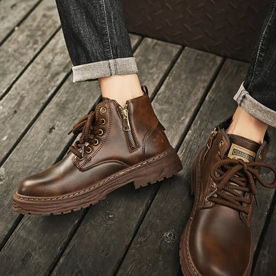 upper view of brown waterproof non-slip boots men