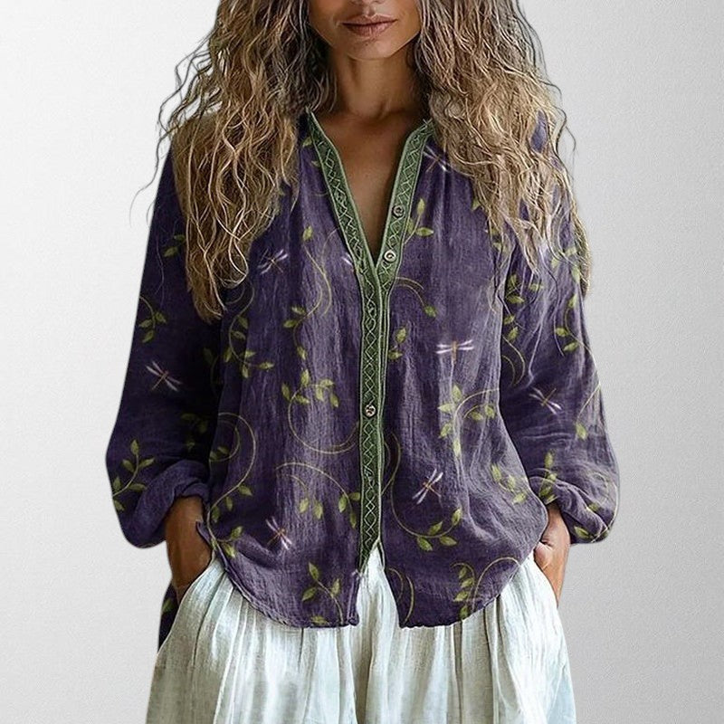 purple vintage print blouse women