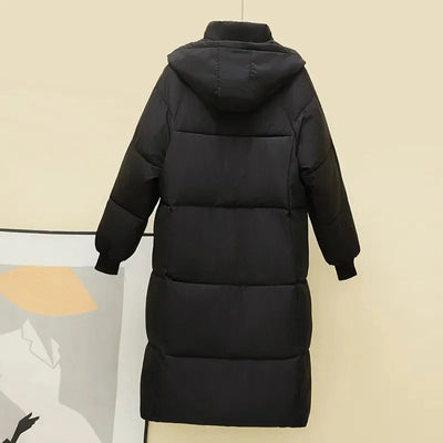 back view of black warm winter parka coat windproof