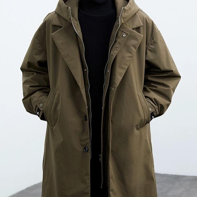 front view of army green water-resistant overcoat men