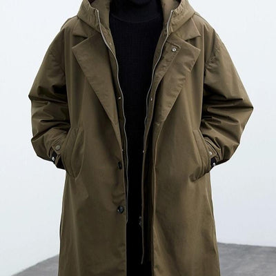 front view of army green water-resistant overcoat men