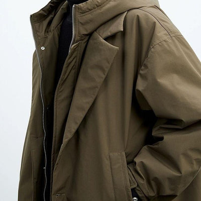side view of army green water-resistant overcoat men