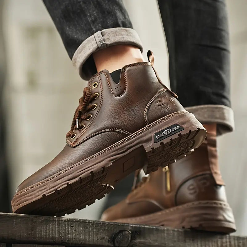 side view of brown waterproof non-slip boots men