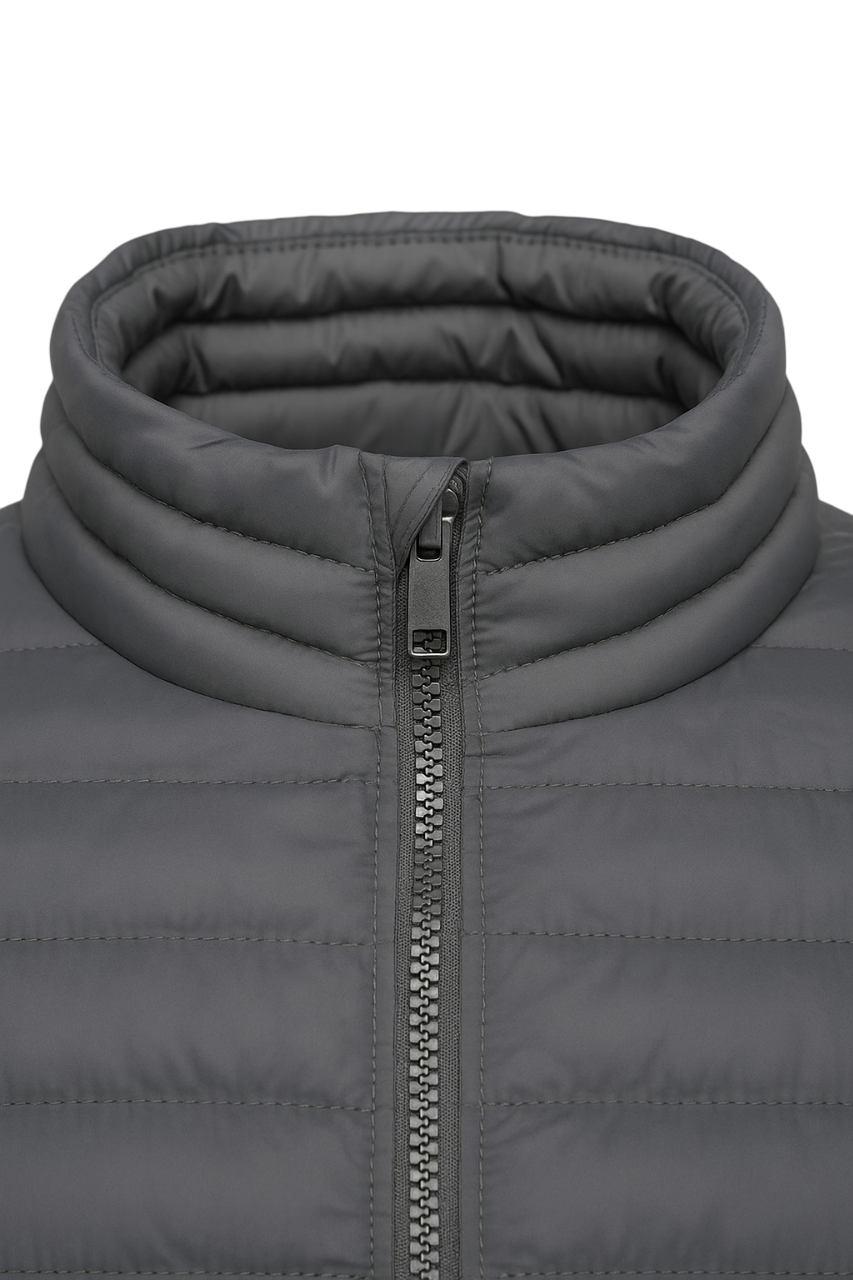 collar detail of gray winter puffer jacket men
