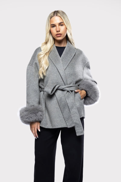 gray women’s belted wool-cotton coat