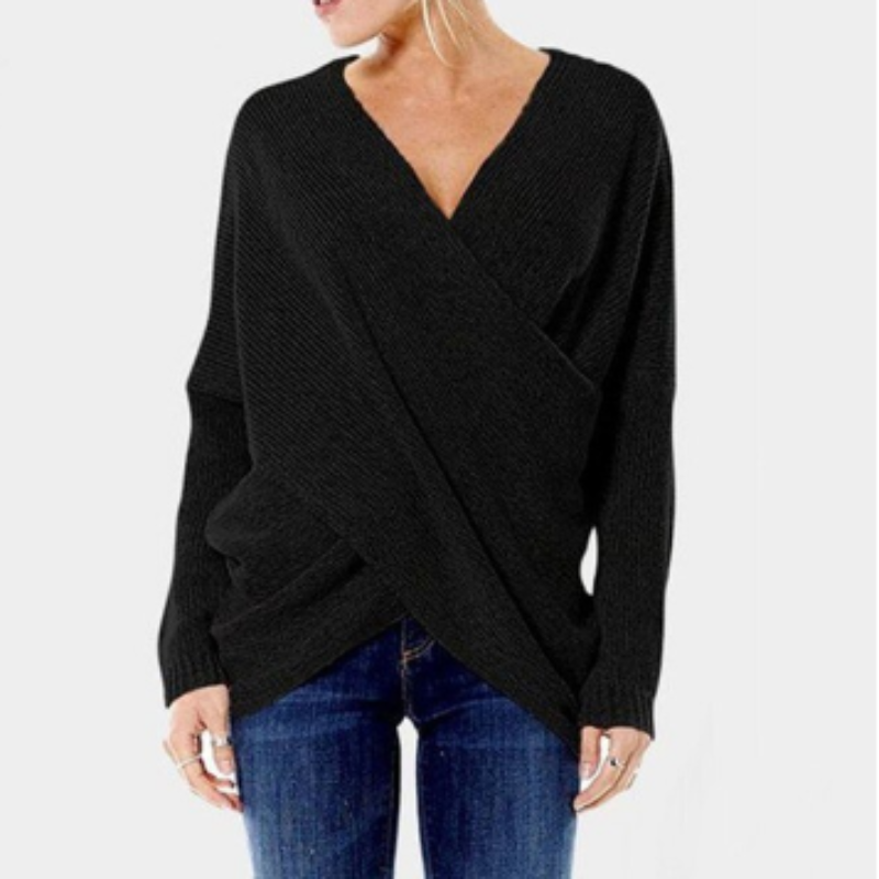 black women’s cashmere sweater with criss-cross detail