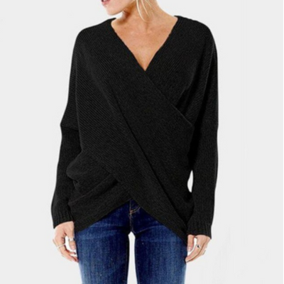 black women’s cashmere sweater with criss-cross detail