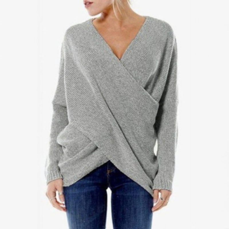 gray women’s cashmere sweater with criss-cross detail