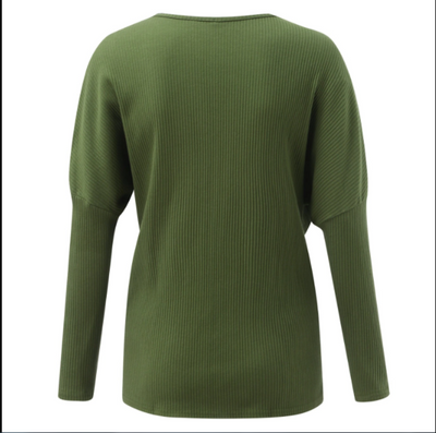back view of green women’s cashmere sweater with criss-cross detail