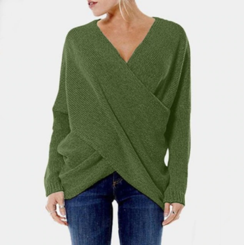 green women’s cashmere sweater with criss-cross detail