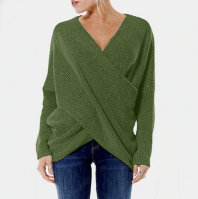 green women’s cashmere sweater with criss-cross detail