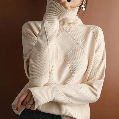 beige women’s cashmere turtleneck sweater