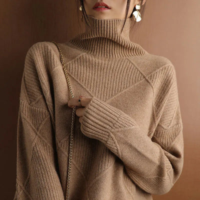brown women’s cashmere turtleneck sweater