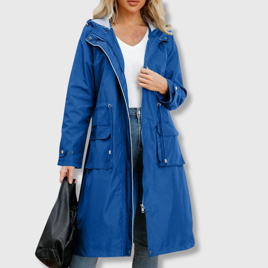 blue women’s hooded trench coat