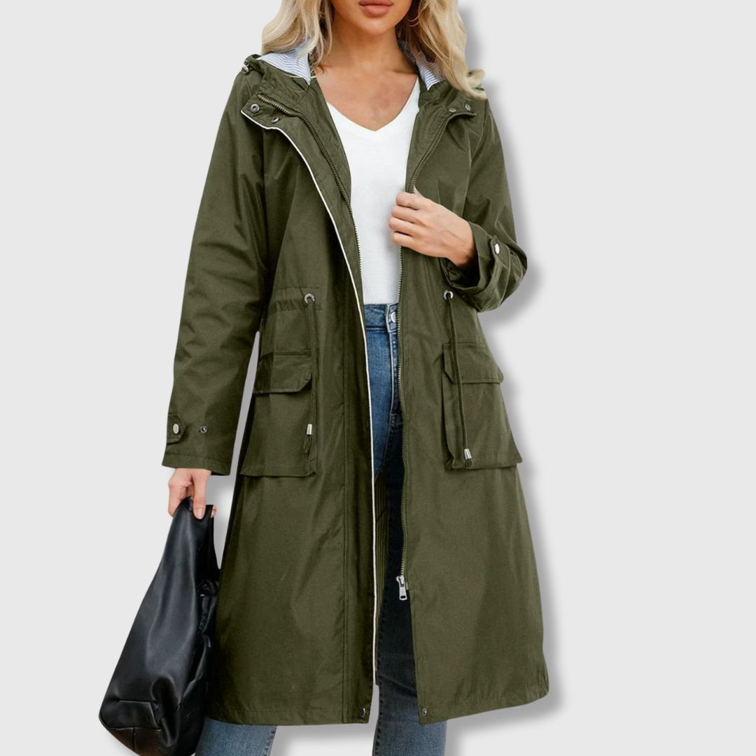 green women’s hooded trench coat