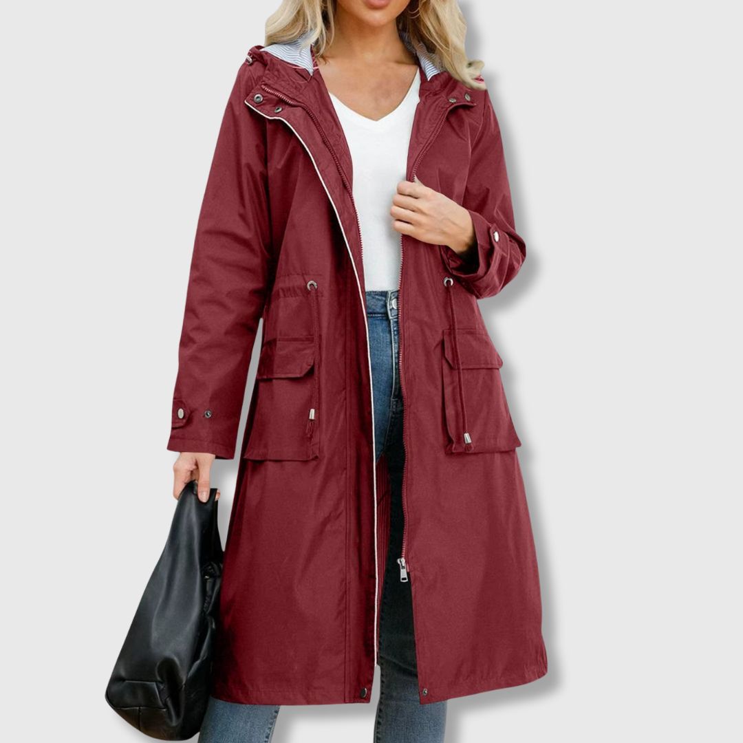 red women’s hooded trench coat