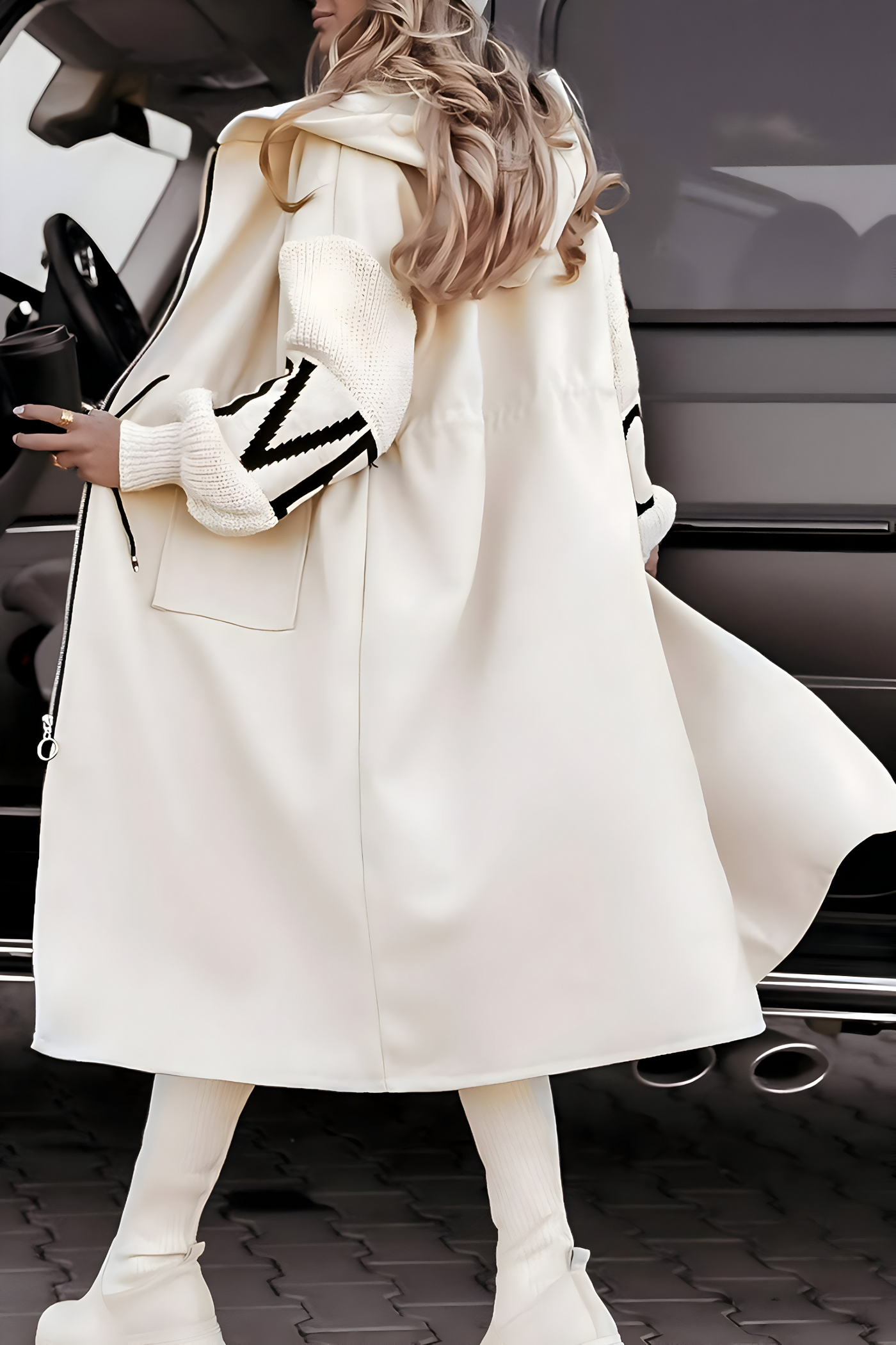 back view of white womens hooded winter coat