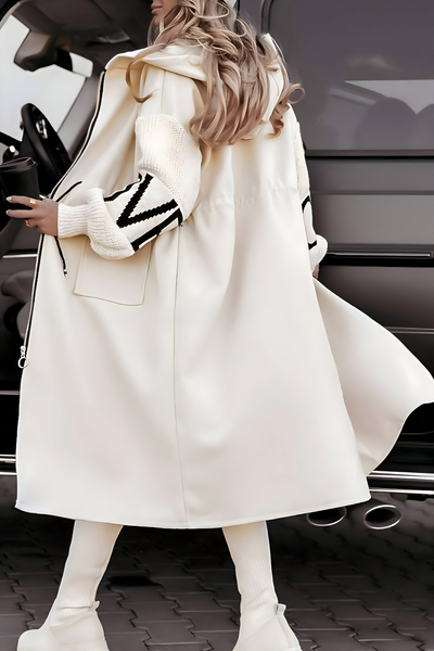 back view of white womens hooded winter coat