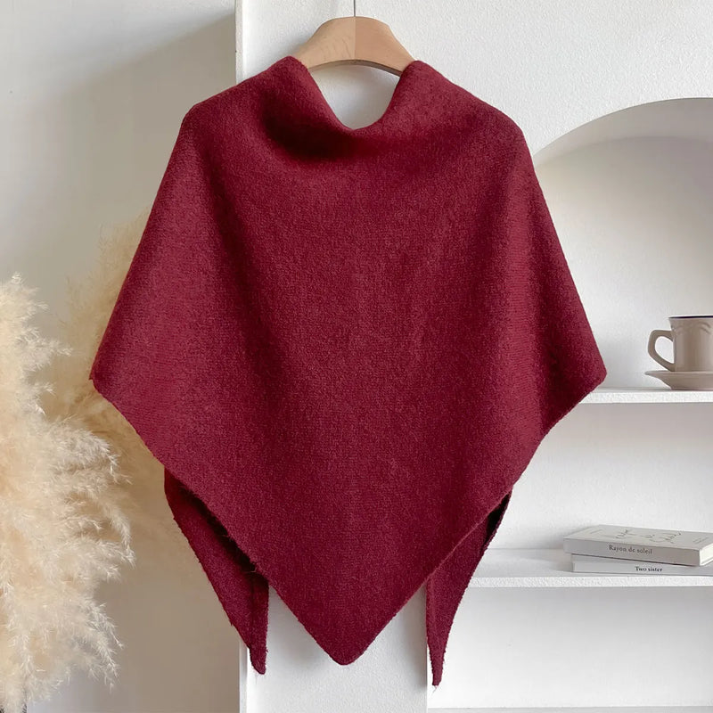 back view of red womens knit wrap shawl