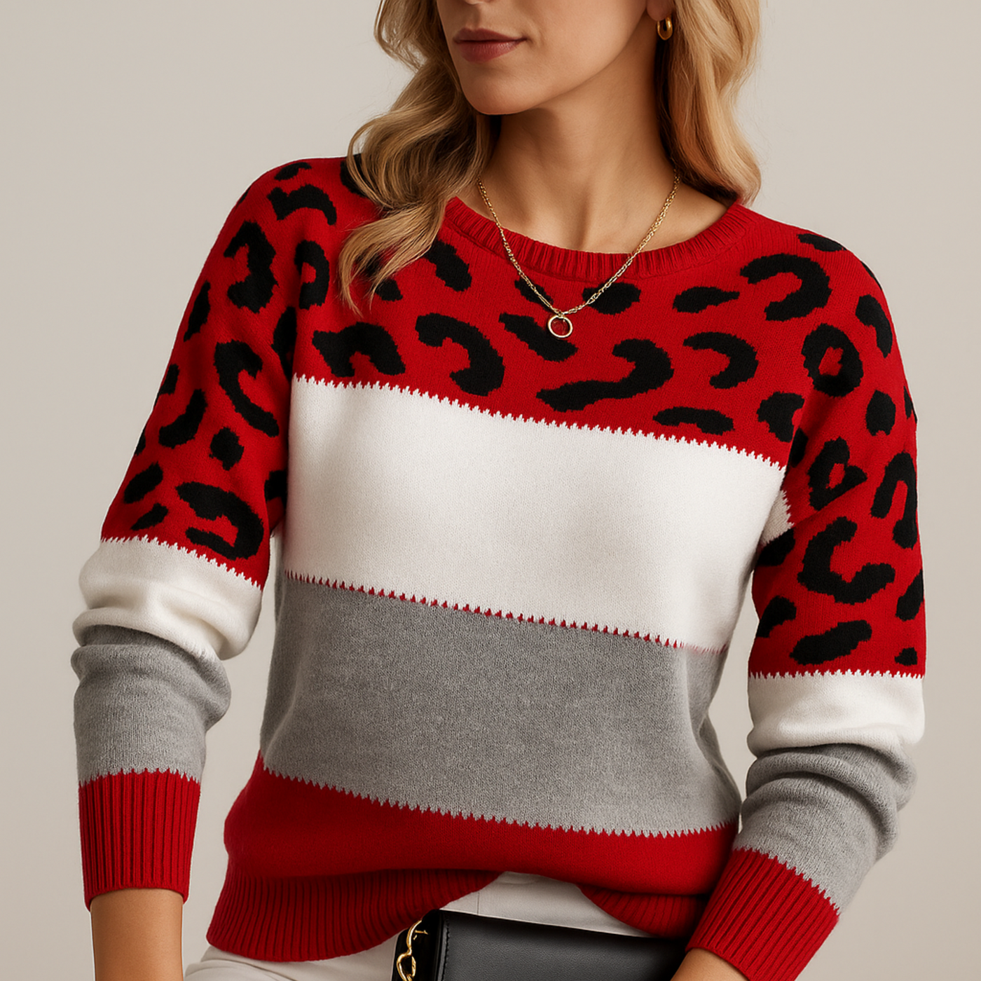 red womens leopard print knit sweater