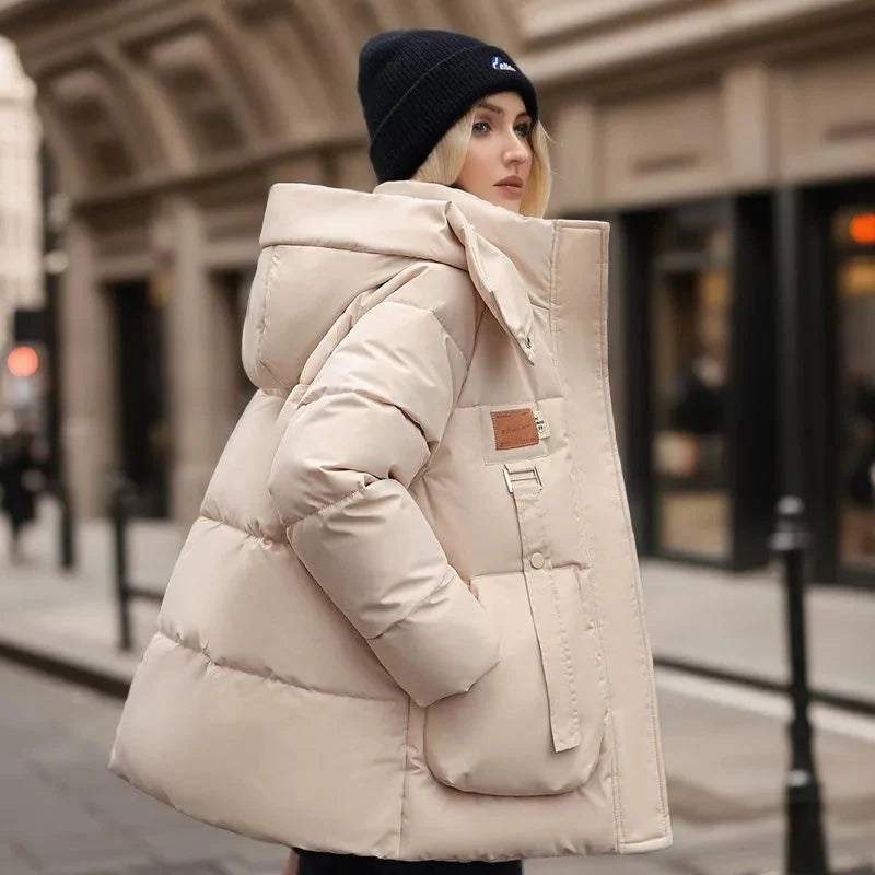 beige women’s padded waterproof winter coat